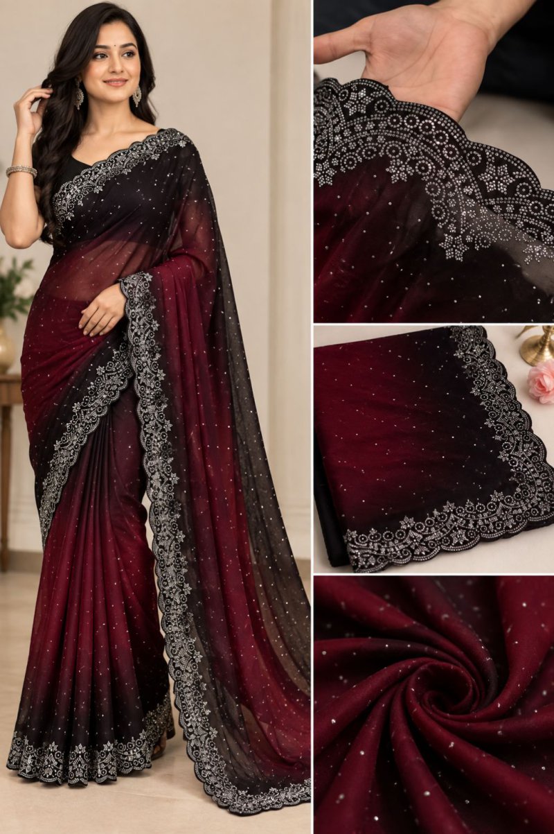 Black & Maroon Ombre Embellished Saree