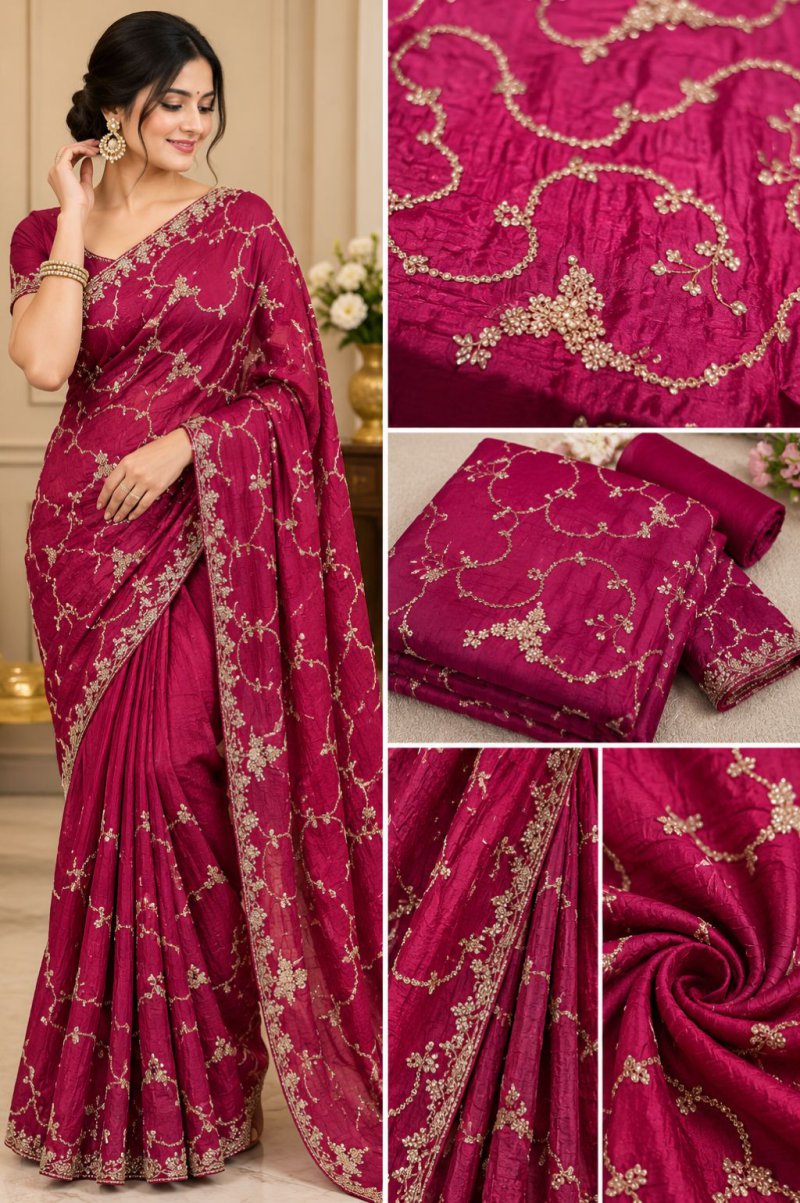 Magenta Pink Golden Embroidered Saree