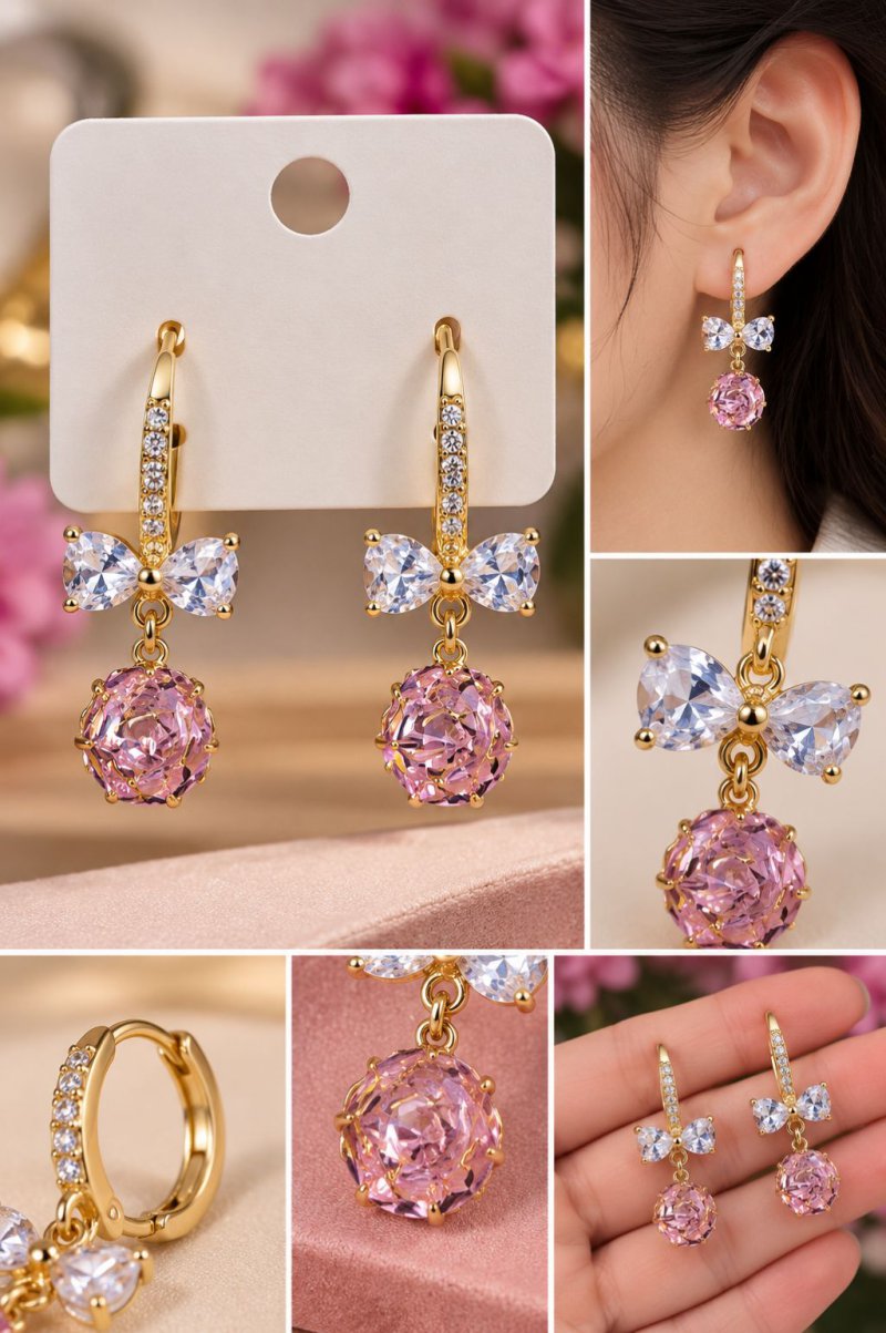 Pink Crystal Bow Drop Earrings