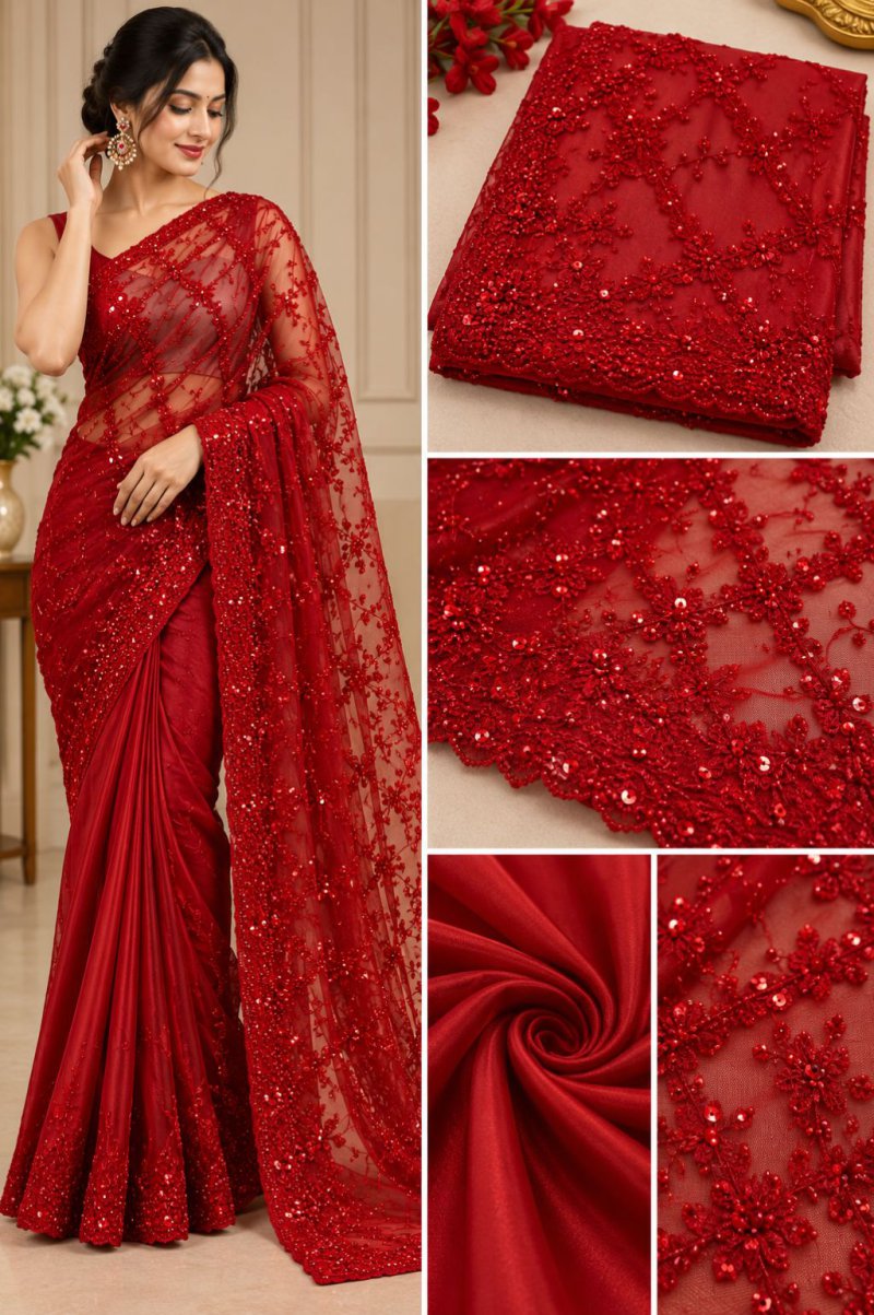 Red Net Saree with Heavy Embroidery
